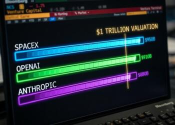 Pantalla muestra a SpaceX, OpenAI y Anthropic cerca de la valuación de 1 billón de dólares.