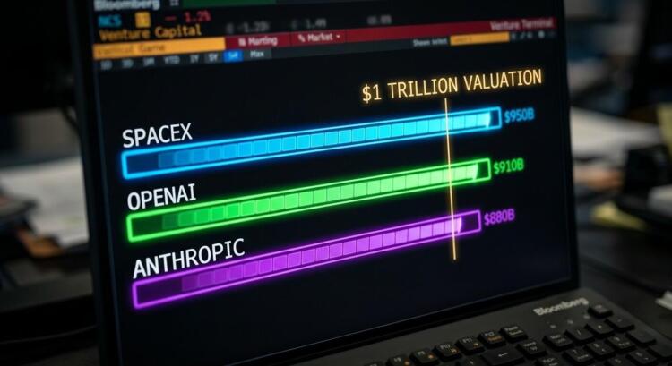 Pantalla muestra a SpaceX, OpenAI y Anthropic cerca de la valuación de 1 billón de dólares.