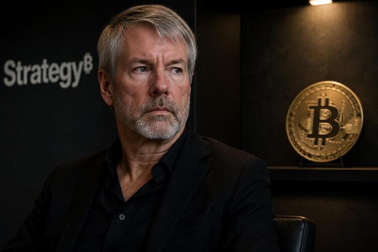 Michael Saylor en entorno corporativo con referencia sutil a Bitcoin.