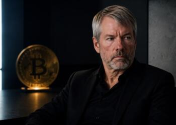 Michael Saylor junto a Bitcoin en entorno financiero sobrio y tenso.