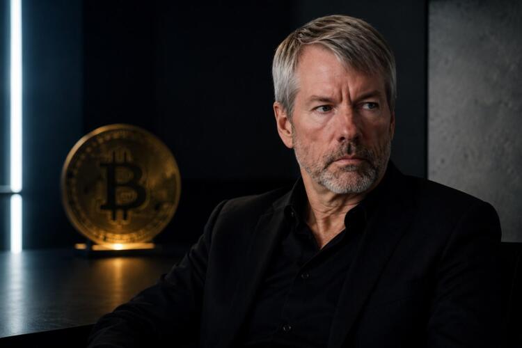Michael Saylor junto a Bitcoin en entorno financiero sobrio y tenso.
