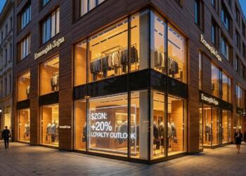 Fachada iluminada de tienda Zegna con pantalla digital que muestra crecimiento del 20%.