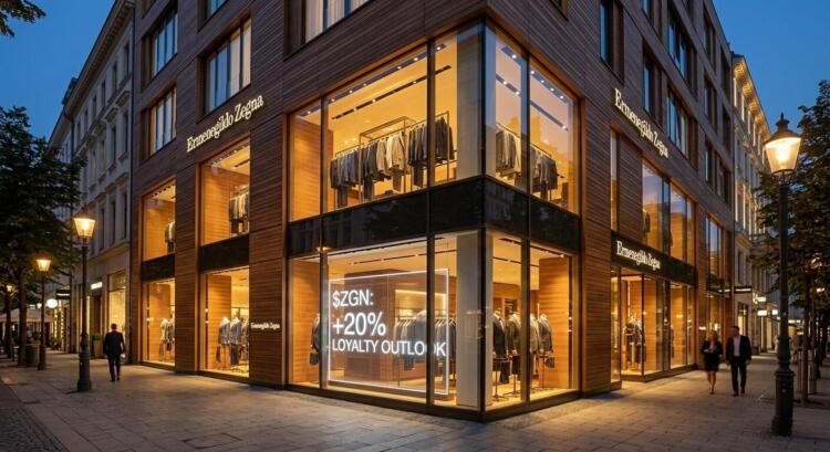 Fachada iluminada de tienda Zegna con pantalla digital que muestra crecimiento del 20%.