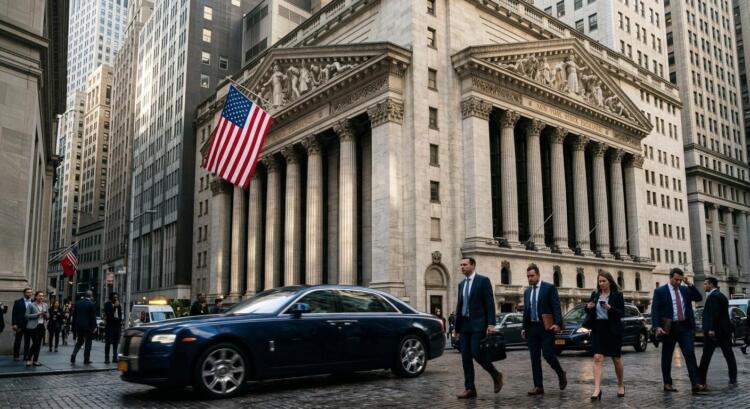 Hombres de negocios caminando por la calle de Nueva York con un Rolls Royce azul de fondo.