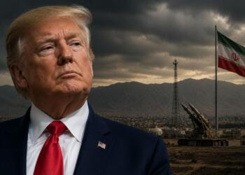 Donald Trump frente a entorno militar vinculado a tensiones con Irán.