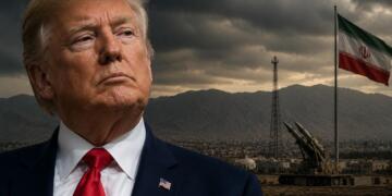 Donald Trump frente a entorno militar vinculado a tensiones con Irán.