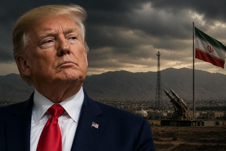 Donald Trump frente a entorno militar vinculado a tensiones con Irán.