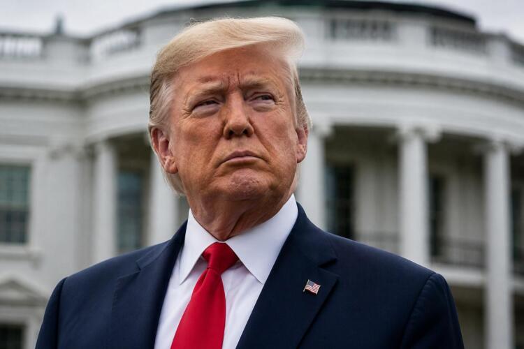 Donald Trump en primer plano con fondo institucional de la Casa Blanca