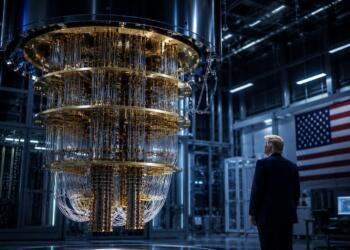 Computadora cuántica industrial con Trump en laboratorio tecnológico