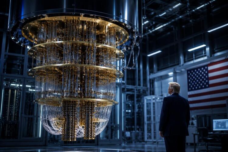 Computadora cuántica industrial con Trump en laboratorio tecnológico