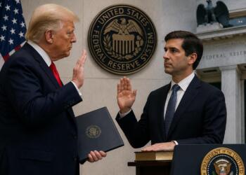 Trump y Kevin Warsh durante acto institucional de la Reserva Federal.