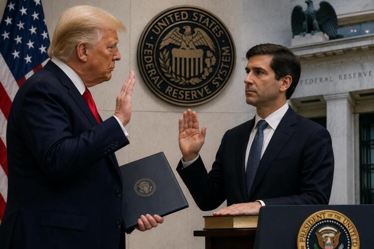 Trump y Kevin Warsh durante acto institucional de la Reserva Federal.