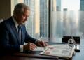 Oficina de UBS con el logo en el vidrio, un ejecutivo firma contratos con sellos y vista a la ciudad.