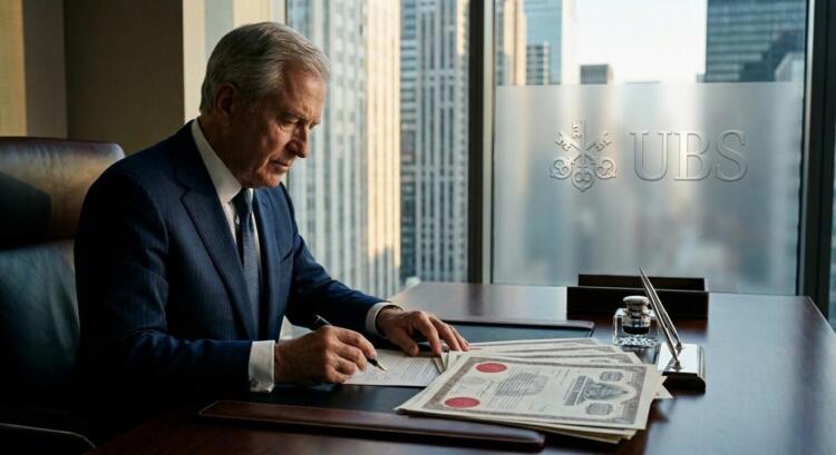 Oficina de UBS con el logo en el vidrio, un ejecutivo firma contratos con sellos y vista a la ciudad.