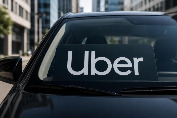 Logo de Uber en parabrisas con entorno urbano sobrio de fondo