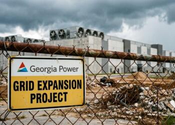 Cartel de Georgia Power en valla oxidada anunciando proyecto de red, sitio de construcción de fondo