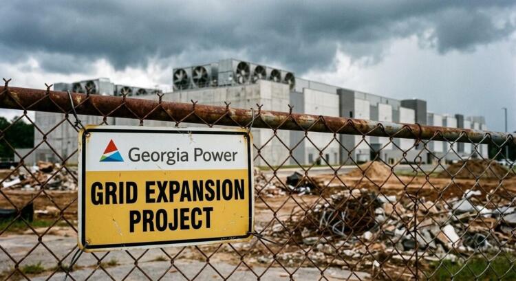 Cartel de Georgia Power en valla oxidada anunciando proyecto de red, sitio de construcción de fondo