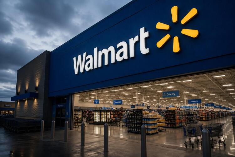 Fachada de Walmart domina escena comercial bajo tensión económica.
