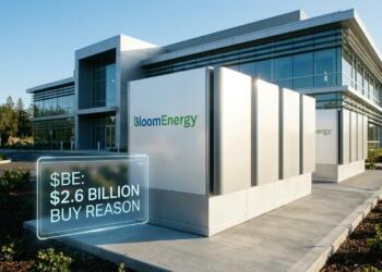 Servidores blancos de Bloom Energy junto a un holograma de compra por 2.600 millones.