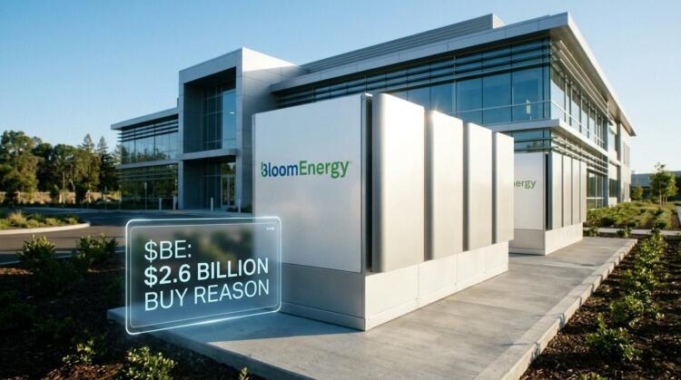 Servidores blancos de Bloom Energy junto a un holograma de compra por 2.600 millones.