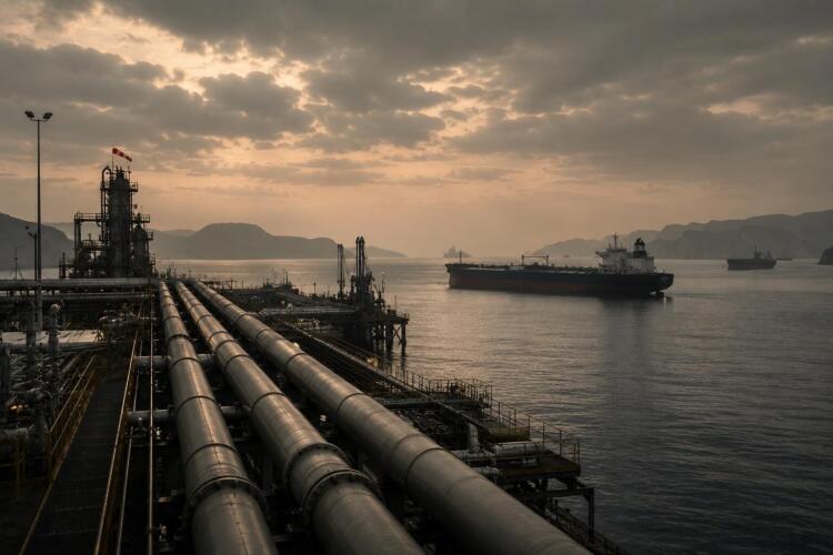 Terminal petrolera y buques detenidos bajo un cielo gris pesado