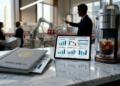 Tablet muestra análisis de Barclays sobre acciones de Keurig junto a cafetera y libro.