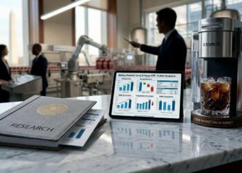 Tablet muestra análisis de Barclays sobre acciones de Keurig junto a cafetera y libro.