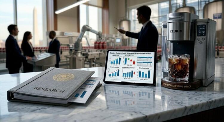 Tablet muestra análisis de Barclays sobre acciones de Keurig junto a cafetera y libro.
