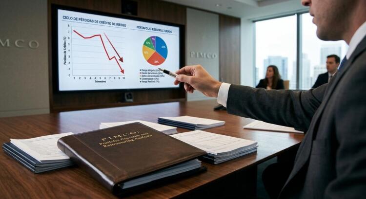 Un ejecutivo de PIMCO apunta a gráficos de riesgo crediticio en español en una pantalla.