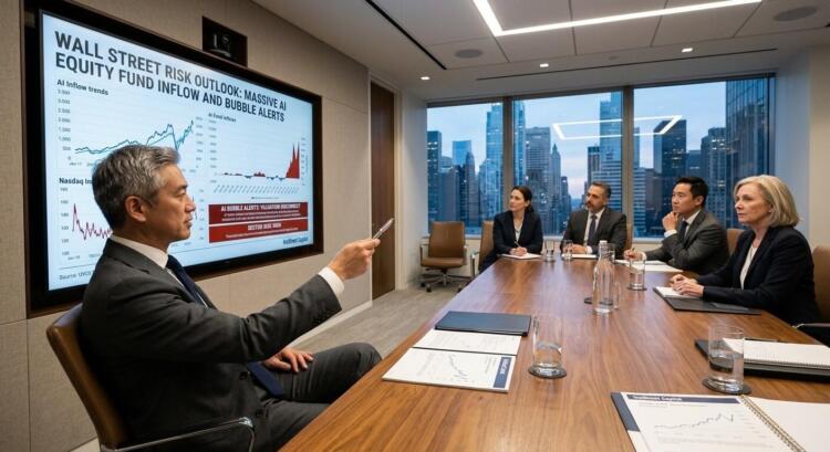 Presentación de riesgos de IA en Wall Street a ejecutivos en sala de juntas con vista urbana.