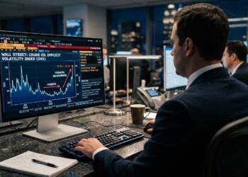 Analista en traje mira monitor con gráfica de volatilidad del crudo OVX en oficina nocturna.