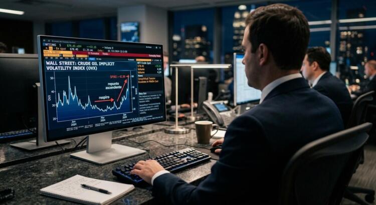 Analista en traje mira monitor con gráfica de volatilidad del crudo OVX en oficina nocturna.