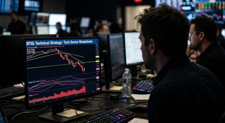 Analista de espaldas ve gráfico técnico 'BTIG Technical Strategy: Tech Sector Breakdown'.