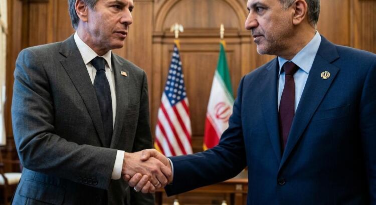 Antony Blinken y Hossein Amir-Abdollahian dándose la mano con banderas de EE.UU. e Irán detrás.