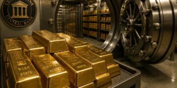 Lingotes de oro resguardados en una bóveda de banco central.