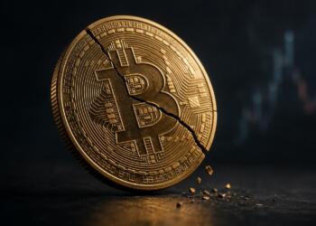 Moneda de Bitcoin con una grieta visible sobre fondo oscuro.
