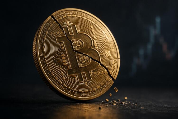 Moneda de Bitcoin con una grieta visible sobre fondo oscuro.