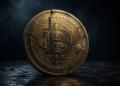 Moneda de Bitcoin desgastada con grietas leves sobre fondo oscuro.