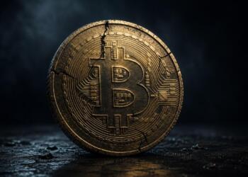 Moneda de Bitcoin desgastada con grietas leves sobre fondo oscuro.