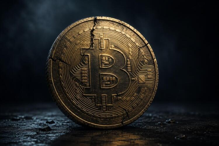 Moneda de Bitcoin desgastada con grietas leves sobre fondo oscuro.