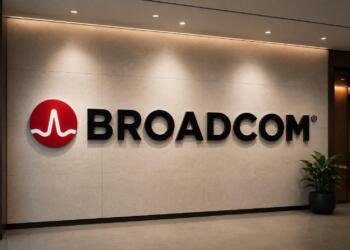 Logo de Broadcom en lobby corporativo con diseño institucional