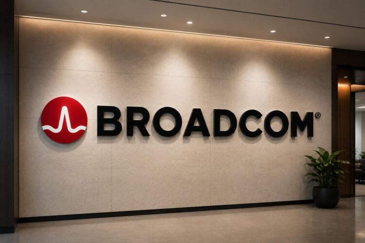 Logo de Broadcom en lobby corporativo con diseño institucional