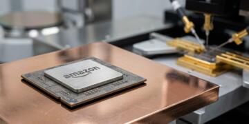 Fotografía de un chip de silicona personalizado con el logotipo de Amazon grabado, resaltando la innovación de la compañía en el hardware de centros de datos.