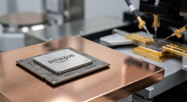 Fotografía de un chip de silicona personalizado con el logotipo de Amazon grabado, resaltando la innovación de la compañía en el hardware de centros de datos.