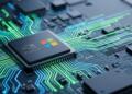 Primer plano de un chip Nvidia y Microsoft sobre PCB, con trazos de luz verde y azul.
