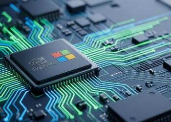 Primer plano de un chip Nvidia y Microsoft sobre PCB, con trazos de luz verde y azul.