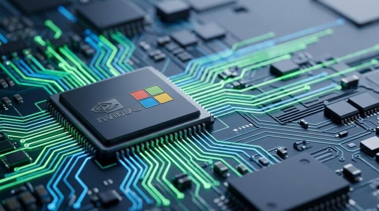 Primer plano de un chip Nvidia y Microsoft sobre PCB, con trazos de luz verde y azul.