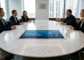 Profesionales en sala de juntas con pantalla de mesa que muestra 'Citi Research: Figma Valuation'.
