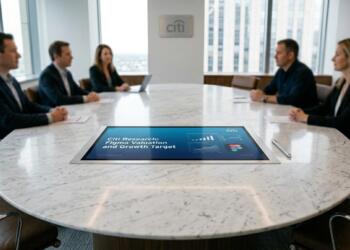 Profesionales en sala de juntas con pantalla de mesa que muestra 'Citi Research: Figma Valuation'.