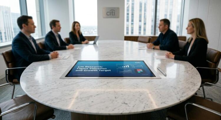 Profesionales en sala de juntas con pantalla de mesa que muestra 'Citi Research: Figma Valuation'.